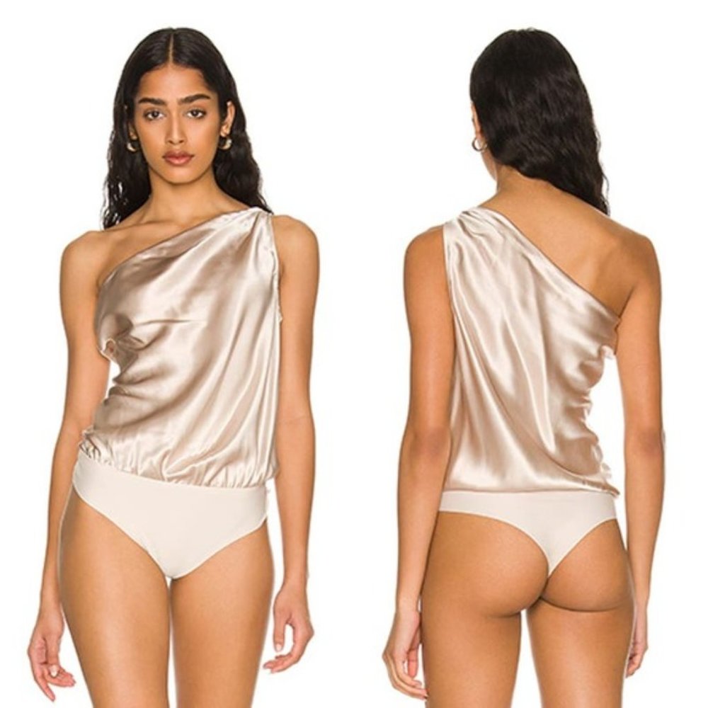 NWT Cami NYC Darby One Shoulder Satin Thong Bodysuit Champagne Blush